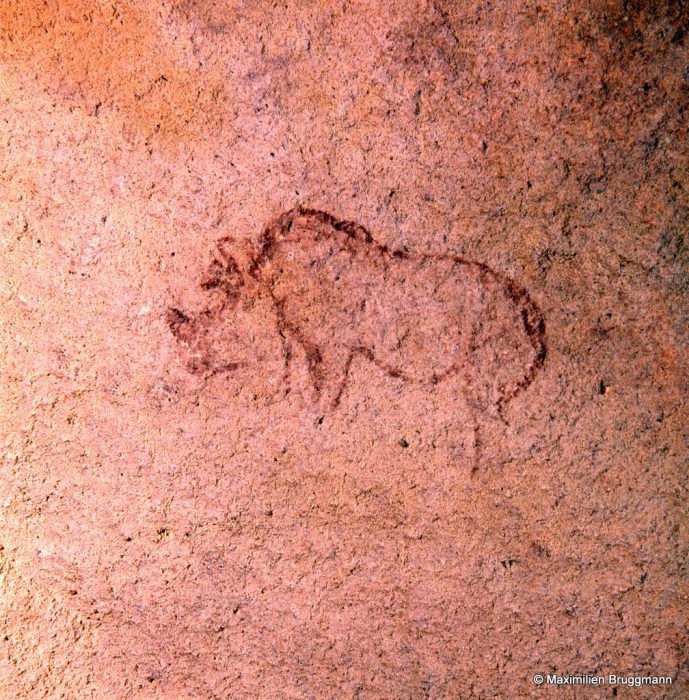283 Oumat-el-Ham. (Mauritanie). — Rhinocéros peint à l'ocre rouge (découverte de Maximilien Bruggmann et Arthue Taverney en 1969). Longueur : 0,18 m.
