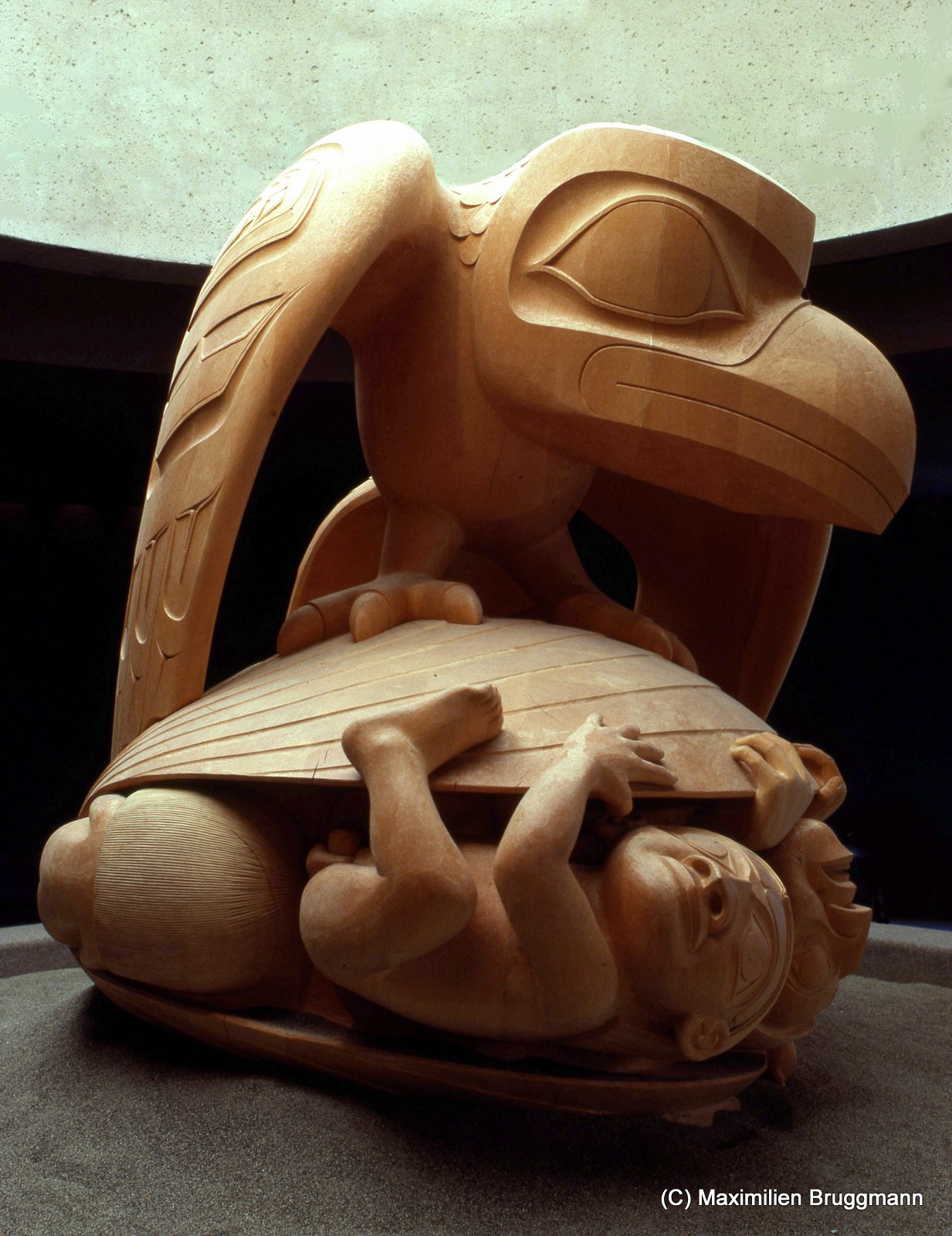 The Haida myth finds its most beautiful visual expression in this 2m- (6.6 feet) high sculpture in white cedar created by artist Bill Reid for the Museum of Anthropology in Vancouver. Dedication festivities for this masterpiece were held in 1980.