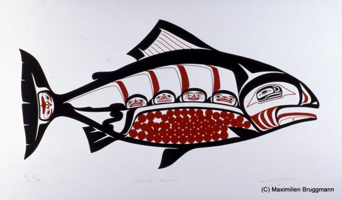 Chinook salmon with eggs before spawning. Silk-screen by the Tsimshian artist Roy Vickers.
