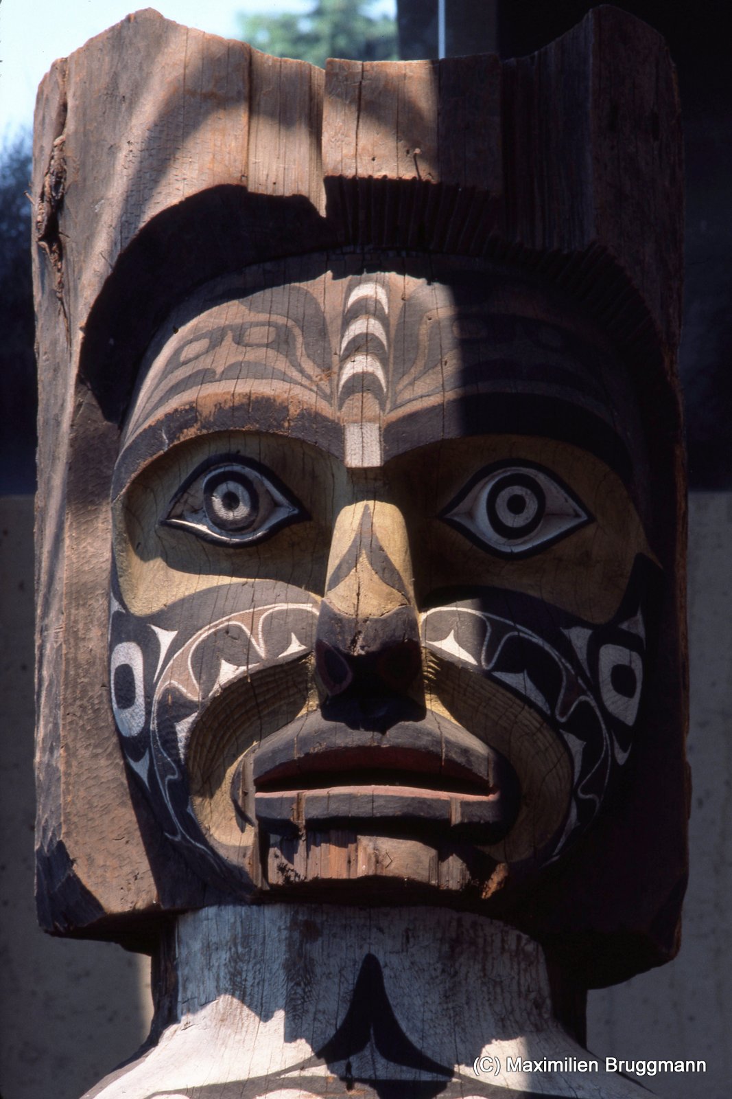 66 This 3.6-meter-tall (12-foot-tall) ancestral figure, carved from the wood of a red cedar, served as a house post in the interior of a Koskimo Kwakiutl house in Quatsino. The lower portion shows two slaves carry¬ing a plank, which presumably served as the seat for a chief. A killer whale and coppers are depicted on the figure. (MOA)