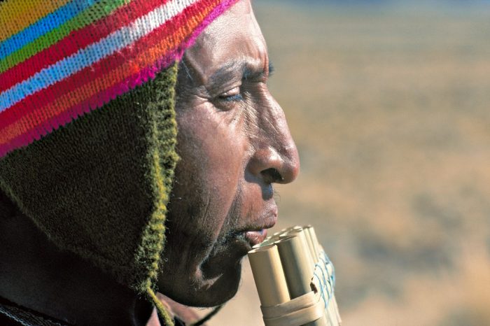 Flûte de pan. Indien Aymara de l’Altiplano péruvien, Wayra joue de la zampona, flûte de pan constituée d’une double rangée de tubes de roseau. Instrument incontournable de la musique traditionnelle andine, facile à transporter, la zampona accompagnait autrefois – et accompagne toujours – les bergers d’altitude dans le silence de leur solitud